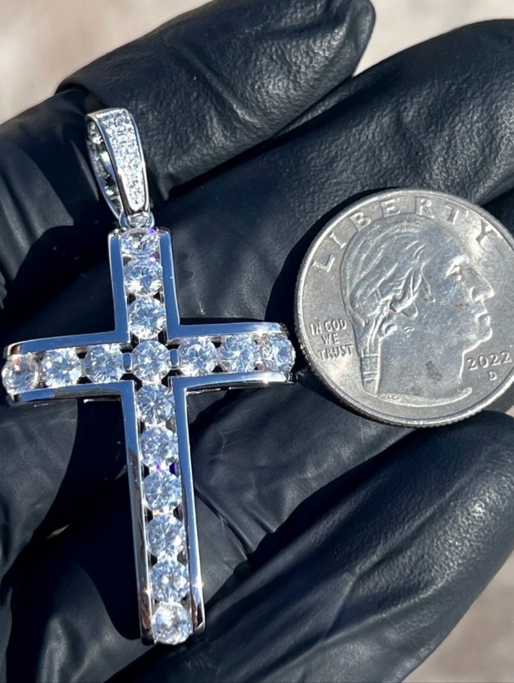 Iced Channel Set VVS1 Mossinite Tennis Cross Pendant / Real 925 Silver NEW - Picture 9 of 9